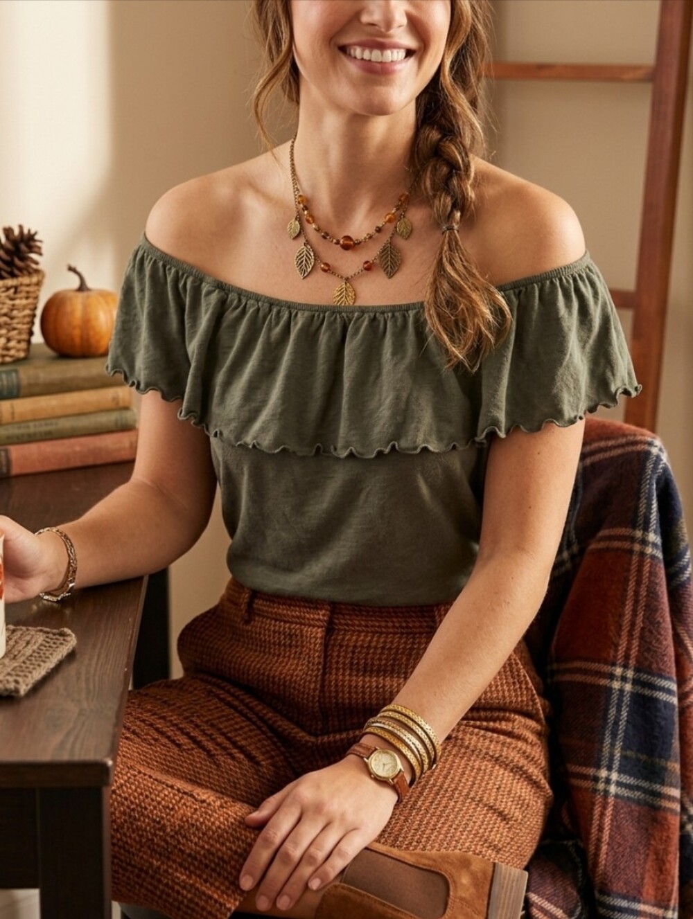 Off-Shoulder Ruffle Super Soft Top in Olive Green Fall Style Earthtone Natural